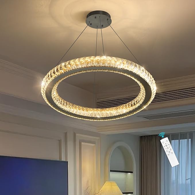 LED Chandelier Modern Dimmable Dining Room Chanderliers Entryway Crystal Ring Pendant Lights for Kitchen Bedroom Living Room Black Light