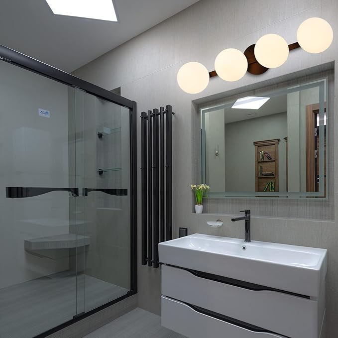 Black Bathroom Vanity Light Fixtures, Modern 4 Lights Matte Black Globe Wall Sconce Lighting, Porch Wall Mount Light Fixture for Bathroom, Mirror Cabinets Hallway Stairs
