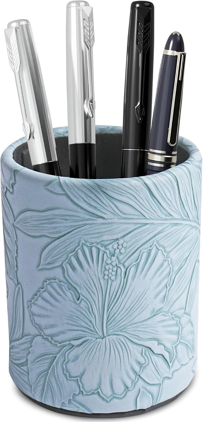 PU Leather Pen Holder Round Flash Makeup Brush Holder Desktop Pencil Storage Holder Gift for Desk Office Classroom Home(1-Carved Blue)
