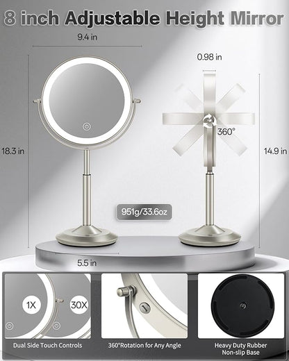 VFD 30X/1X Makeup Mirror with Lights, Height Adjustable Lighted Magnifying Vanity Mirror with 3 Lighting and Adjustable Brightness, 3000mAh Rechargeable Double Sided Switch for Desk Women Gift