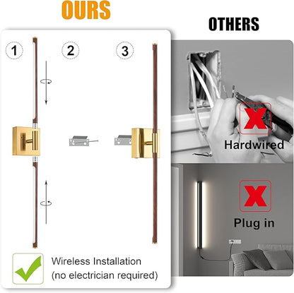 Battery Operated Wall Sconce Single, Walnut Rechargeable Wall Sconce with Remote, Dimmable Sconce Wall Light, 24 Inch LED Wireless Wall Light for Background Wall, Bedroom,Living Room