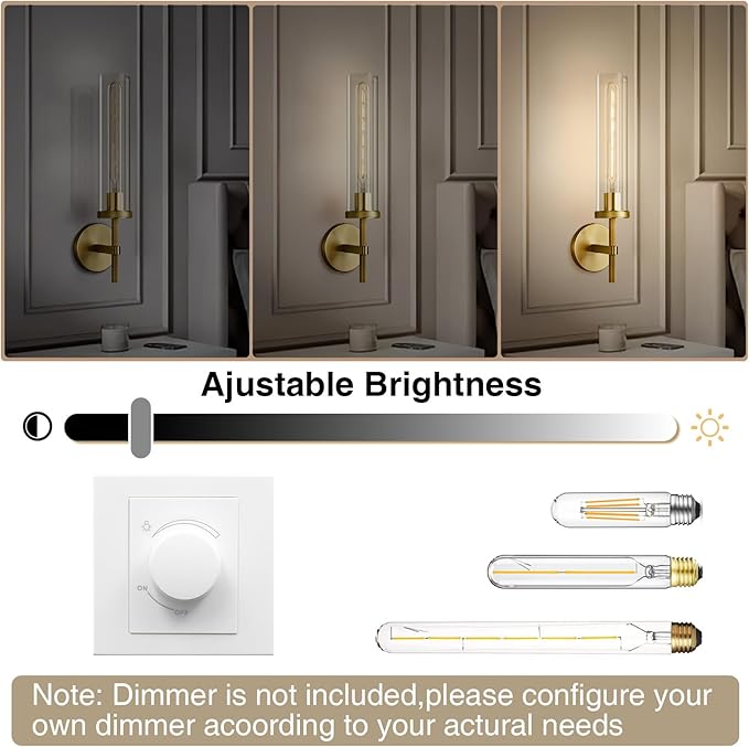 Gold Wall Sconces Set of Two, 19.48" Knurled Gold Wall Lighting with Glass Tube, Modern Brass Sconces Wall Lamp for Bedroom Living Room Bathroom Hallway Staircase & Vanity Mirror(Including Bulb)