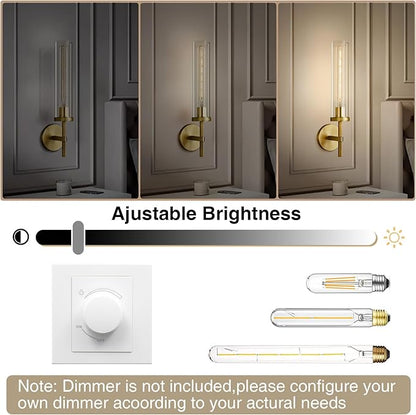 Gold Wall Sconces Set of Two, 19.48" Knurled Gold Wall Lighting with Glass Tube, Modern Brass Sconces Wall Lamp for Bedroom Living Room Bathroom Hallway Staircase & Vanity Mirror(Including Bulb)