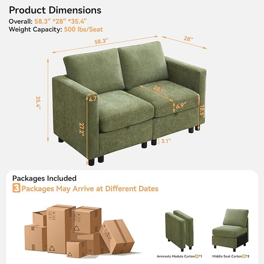58”Modular Sectional Loveseat Sofa, Modern Love Seat 2 Seater Sofa Couch with Storage, Chenille Modular Sectional Couch for Living Room, Bedroom, Office, Small Apartment, Green