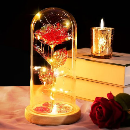 Preserved Fresh Flower in Glass Dome with LED Lights, Gold Stem Rose with Wooden Base, Romantic Home Decor Gift for Valentine's Day (A red rose as a gift for mom or a lover)