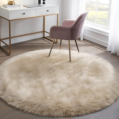 Tangsoo Round Faux Fur Rugs, Sheepskin Round Rugs 3ft, Soft Small Circle Rug, 3x3 Beige Fuzzy Plush Fur Rug, Shag Circular Rugs Floor Carpet for Bedroom, Kids Room, Nursery, Girls Room, Dorm
