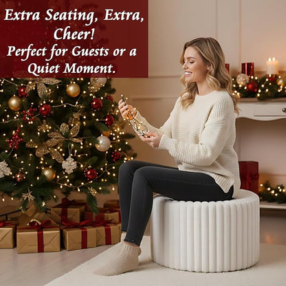 LITA Round Stuffed Pouf Ottoman, Corduroy Poufs with High-Density Foam Filling and Washable Cover, Furry and Fluffy Bean Bag Foot Stools Ottoman for Living Room, Bedroom, Office, Beige, Round