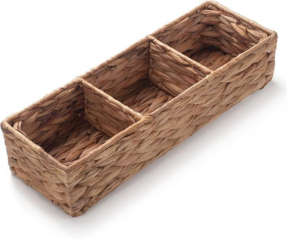 Water Hyacinth Storage Basket Wicker Baskets for Organizing Pad and Tampon Organizer for Bathroom 3 Sections 14.6inch x 4.7inch x 3.1inch