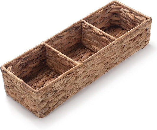 Water Hyacinth Storage Basket Wicker Baskets for Organizing Pad and Tampon Organizer for Bathroom 3 Sections 14.6inch x 4.7inch x 3.1inch
