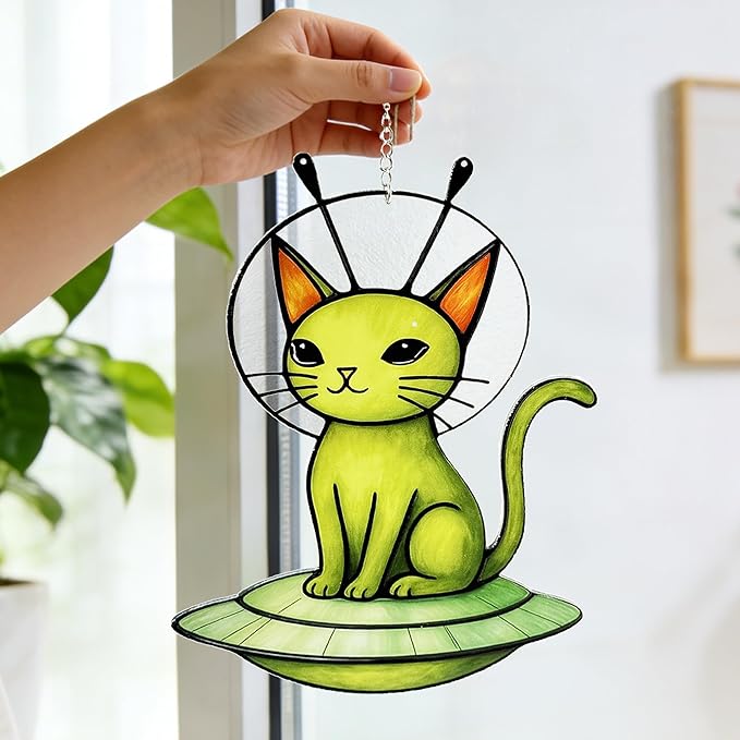 Cat Stained Glass Suncatcher Window, Hanging Sun Catchers Indoor Window, Suncatcher for Mom/Women (Alien Cat)