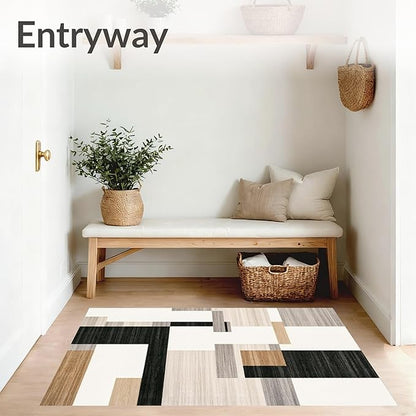 Flatwoven High Traffic Area Rug 6x9, Dark Beige Geometry and Dirt Trapper Design, Non Slip, Stain Resistant, Washable Area Rugs for Living Room, Bedroom (Beige, 6x9)
