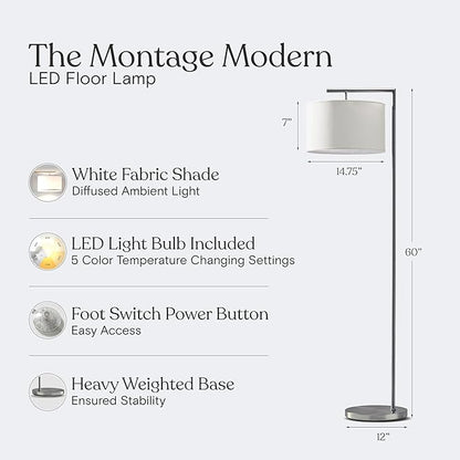 Brightech Montage Modern Floor lamp, LED Floor Lamp for Living Rooms & Offices - Tall Standing Lamp for Bedroom Reading - Corner Pole Lamp for Contemporary Home Decor - Satin Nickel