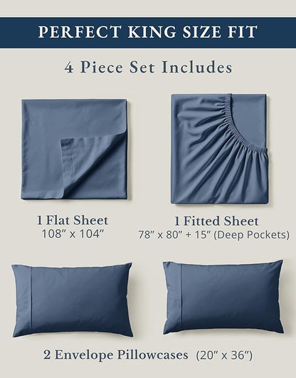 LANE LINEN 100% Organic Cotton Sheets for King Size Bed - Soft Percale Sheets, Breathable Luxury Hotel Style Machine Washable Fully Elasticized Mercerized 15" Deep Pocket King Sheet Set- Estate Blue