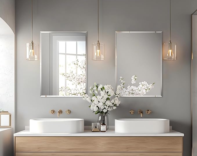 Frameless Rectangular Wall Mirror: Decorative Rectangle Mirrored Glass Vanity with Beveled Silver Edge for Bathroom Bedroom Livingroom Dining Room Entryway Hallway, 32 x 24 inch
