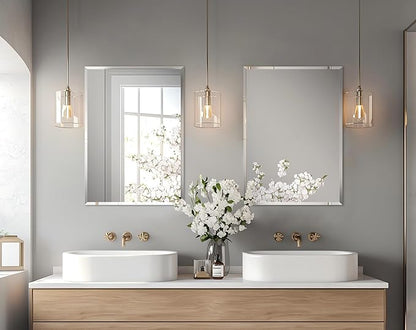 Frameless Rectangular Wall Mirror: Decorative Rectangle Mirrored Glass Vanity with Beveled Silver Edge for Bathroom Bedroom Livingroom Dining Room Entryway Hallway, 32 x 24 inch
