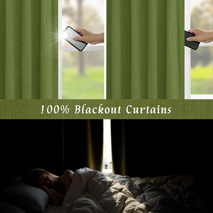LAMIT 100% Blackout Olive Green Linen Curtains, 63 Inches Linen Textured Thermal Bedroom Drapes Back Tab and Rod Pocket Christmas Panels with White Liner for Living Room, 2 Panels, 52 x 63 Inch