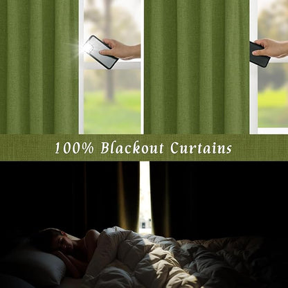 LAMIT 100% Blackout Linen Curtains 63 Inches Long, Linen Textured Living Room Bedroom Drapes Full Room Darkening Back Tab and Rod Pocket Panels with White Liner, 2 Panels, Olive Green, 60 x 63 Inch
