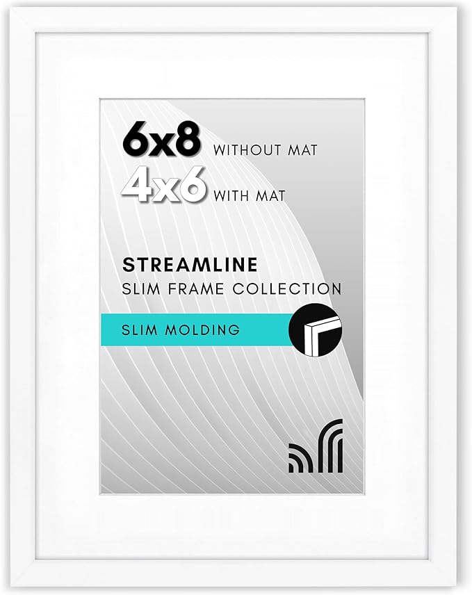 Americanflat 6x8 Picture Frame with Shatter-Resistant Glass - Use as 4x6 Frame with Mat or Display 6x8 Photo Without Mat - Streamline Collection - Picture Frames for Tabletop and Wall - White