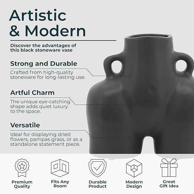 Sagebrook Home Ceramic Stoneware Vase - Modern Art-Inspired Decorative Accent - Glam Home & Office Decor - Unique Sculpture Design for Living Room, Bedroom, or Workspace - 6" Black