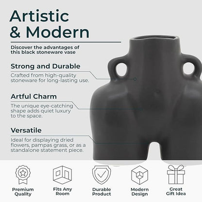 Sagebrook Home Ceramic Stoneware Vase - Modern Art-Inspired Decorative Accent - Glam Home & Office Decor - Unique Sculpture Design for Living Room, Bedroom, or Workspace - 6" Black