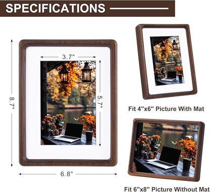 TEYCLZORE 6x8 Natural Walnut Picture Frame, Handmade Photo Frame, Display 4x6 Picture with Mat or 6x8 Without Mat, Tabletop Display and Wall Hanging
