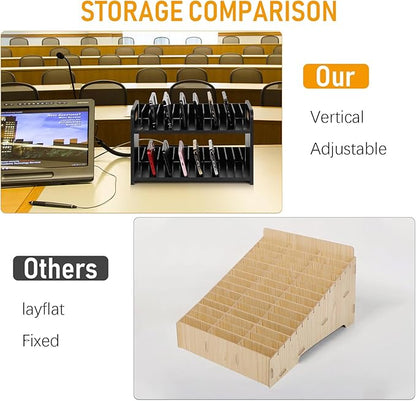 Cell Phone Storage Classroom Cell Phone Holder Adjustable Wooden Multiple Rack Caddy Organizer Box for Classroom Office Desktop with 1-30 Number Stickers (30-Grid) (Black)