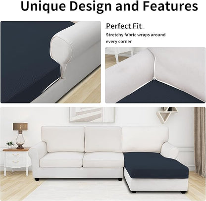 Easy-Going Stretch Sectional Couch Covers 1 Piece Chaise Lounge Slipcover L Shape Separate Cushion Couch Seat Chaise Cover for Both Left/Right Sectional Couch Dark Blue