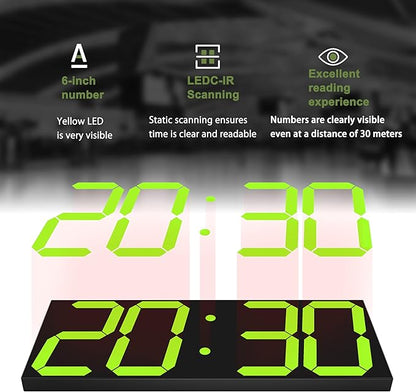 LED Large Digital Wall Clock, Oversize Digital Clock with 6” Numbers, Remote Control Count up/Countdown Timer Clock, Auto Dimmer, Big Calendar and Thermometer（Yellow