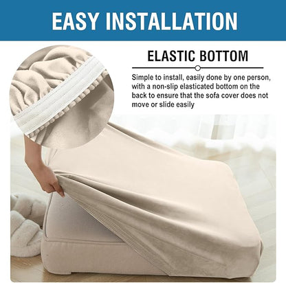 Couch Cover 6-Piece Elastic Velvet Couch Cushion Covers & Chaise Slipcovers for L-Shaped Sofas - Sofa Seat Covers Washable, Soft Protector for Couches (5 Seater + Chaise, Ivory)