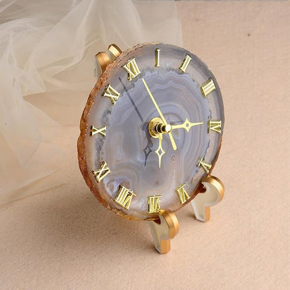 JIC Gem Natural Agate Slice Clock Natural Black/Gray with Base,Agate Clock,Decorative Clock