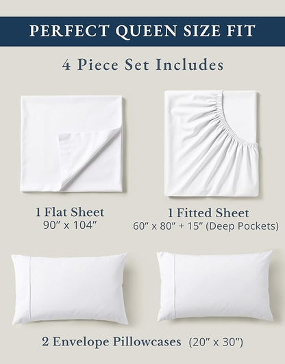 LANE LINEN Eco Friendly 100% Organic Cotton Queen Sheet Set, Soft & Comfy Fully Elasticized 15" Deep Pocket Bed Sheets, Low Pill Naturally Cooling Machine Wash Sábanas Queen- White Bed Sheets