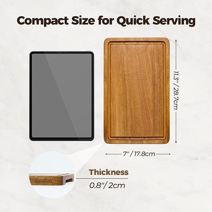 Small Acacia Wood Cutting Board for Kitchen - 11.5"x7" Compact Tablet-Sized Chopping Board, Mini Charcuterie, Steak & Brunch Serving Tray with Juice Grooves & Handles, Ideal Gift for Foodies
