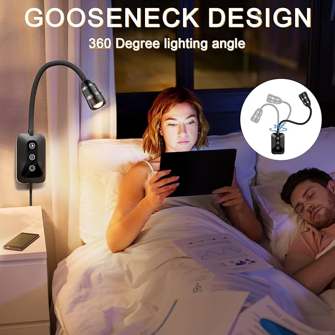 2 Pack Wall Mounted Headboard Reading Light, LED Dimmable Touch Control, Ideal for Bedside, Office, or Reading (Black)