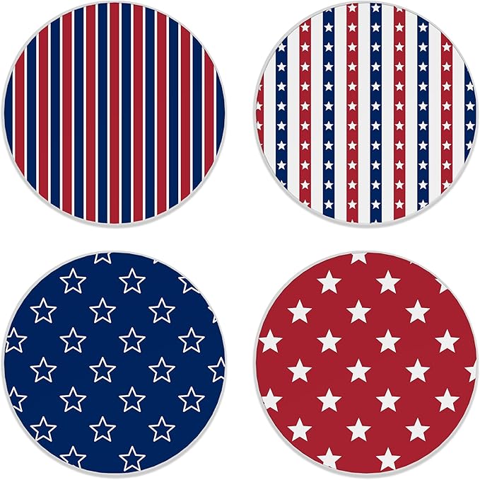 Coasters for Drinks,Set of 4 Absorbent Coasters American Patriotic Stars,Navy and Red Stars Stripes Ceramic Coasters with Cork Base,Coaster for Coffee Table Protection,Gifts for Housewarming Birthday