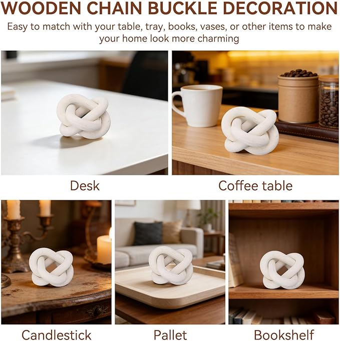 Wood Chain Link Decor, 3 Link Wood Knot Decor Boho Chain Decorative Chains Link Hand Carved Wooden Chains Links for Coffee Table Decor (White)