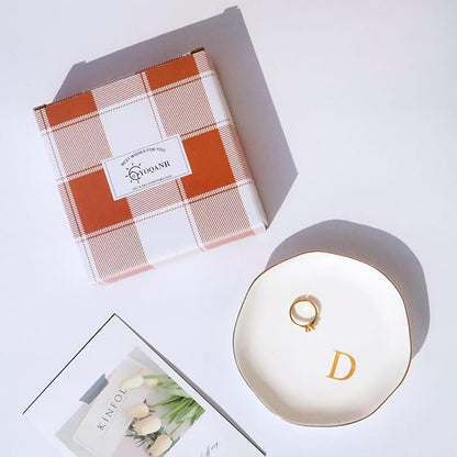 Ceramic Jewelry Tray Initial Ring Dish Personalized D-Monogrammed Engagement Wedding Gifts, for Birthday Mother's Day Christmas for Women, Ceramic White 4.75" (D)