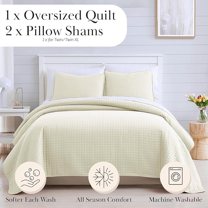 Southshore Fine Living, Inc. Twin XL Quilt Bedding Set, Soft Brushed Microfiber Bedspread Coverlet, Stain and Pet Hair Resistant Bedding, XL/Twin Size Quilt Set with 1 Pillow Sham, Cream