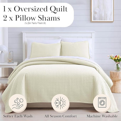 Southshore Fine Living, Inc. Twin XL Quilt Bedding Set, Soft Brushed Microfiber Bedspread Coverlet, Stain and Pet Hair Resistant Bedding, XL/Twin Size Quilt Set with 1 Pillow Sham, Cream