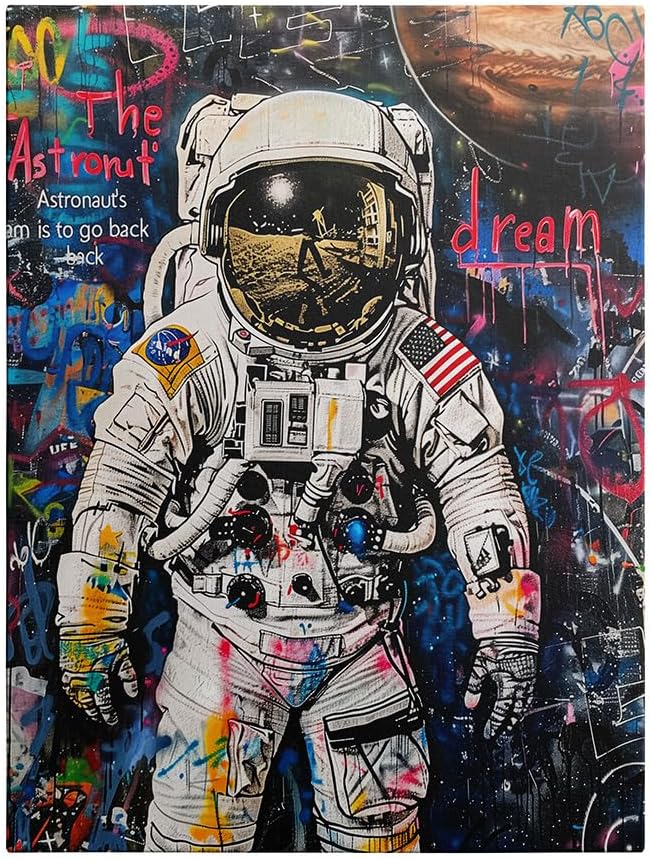 Ypxzzj Banksy Framed Graffiti Astronaut Canvas Wall Art Spaceman Posters Prints Pictures Wall Decor Modern Abstract Street Graffiti Painting Artwork for Living Room Home Decor Ready to Hang