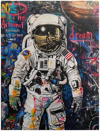 Ypxzzj Banksy Framed Graffiti Astronaut Canvas Wall Art Spaceman Posters Prints Pictures Wall Decor Modern Abstract Street Graffiti Painting Artwork for Living Room Home Decor Ready to Hang(36L" x 24W")