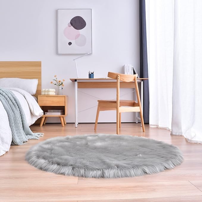 duduta Grey Faux Sheepskin Round Rug 4x4 ft, Fluffy Shag Fur Bedroom Nursery Kids Playroom Rug Dorm Decor Non Slip Washable