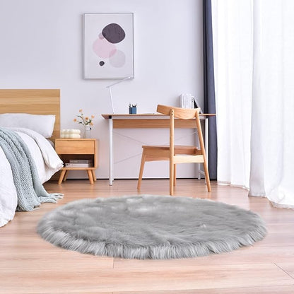 duduta Grey Faux Sheepskin Round Rug 4x4 ft, Fluffy Shag Fur Bedroom Nursery Kids Playroom Rug Dorm Decor Non Slip Washable