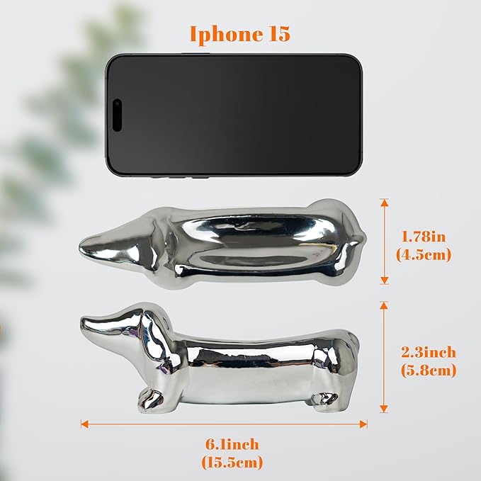 YOBRO Dachshund Ceramic Trinket Tray for Jewelry & Keys - Mini Decorative Dish, Dog Lover Gift, Engagement Ring Organizer (Silver)