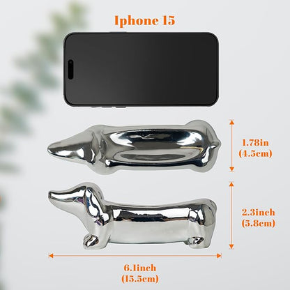 YOBRO Dachshund Ceramic Trinket Tray for Jewelry & Keys - Mini Decorative Dish, Dog Lover Gift, Engagement Ring Organizer (Silver)