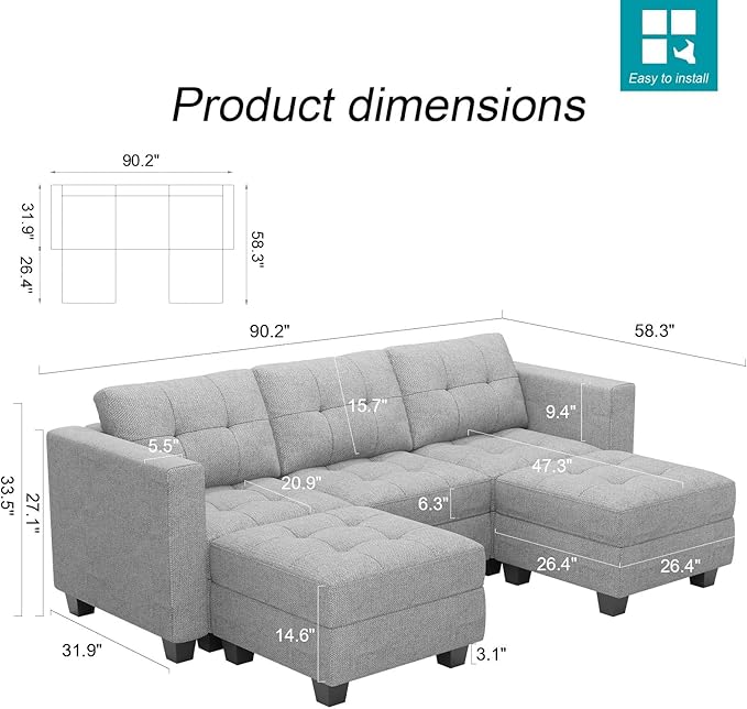 Belffin U-Shaped Sectional Sofa, Light Grey, 58.3"W x 90.2"L x 33.5"H, Reversible Chaise Lounge, Sturdy Solid Wood Frame, Plush Woven Fabric, Hidden Storage, Foldable Backrest, Easy Assembly