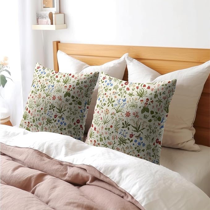 Vitage Floral Pillow Covers 16x16 Set of 2 Spring Green Red Cream Pattern Rustic Decorative Outdoor Farmhouse Zipper Flower Linen Pillowcases Decorations Throw Cushion Cover Decor for Couch Sofa Bed