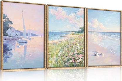 Pink Pastel Coastal Colorful Wildflower Framed Canvas Wall Art Set,Watercolor Preppy Floral & Sailboat Seascape Decor,Dreamy Textured Beach Artwork for Living Room,Bedroom,Farmhouse-16 x24 x3