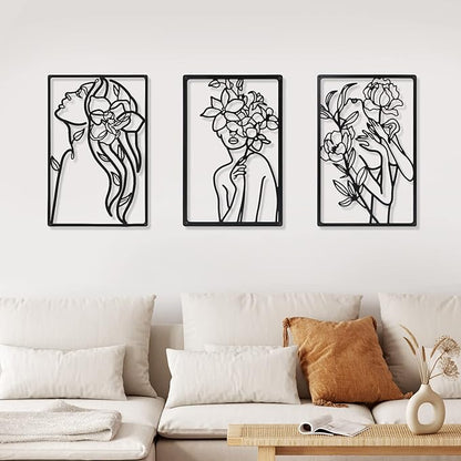CHENGU 3 Pieces Metal Minimalist Abstract Woman Wall Art Line Drawing Wall Art Decor Single Line Female Home Hanging for Kitchen Bathroom Living Room