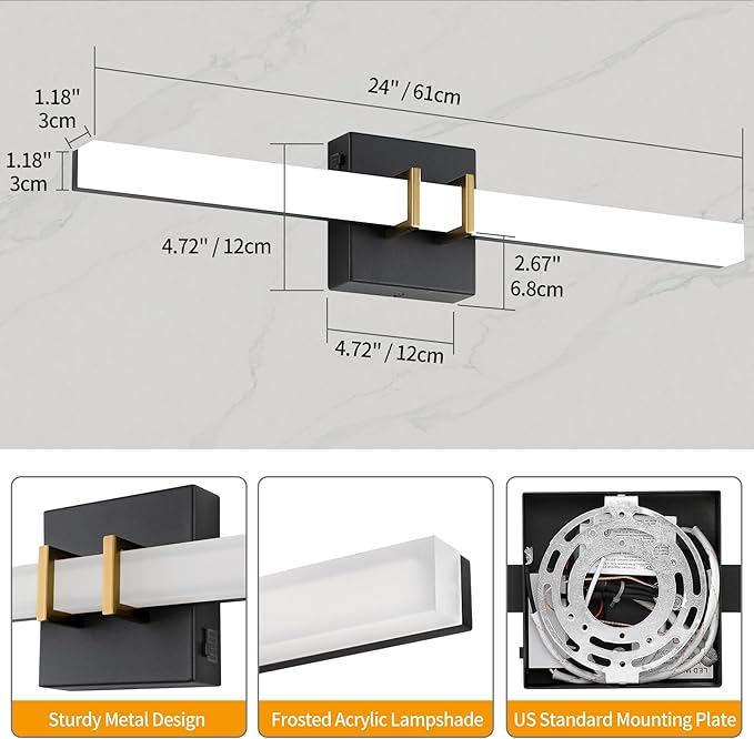 Modern Black and Brass Vanity Light Bar 24 Inch, 16W 5CCT Dimmable Bathroom Light Fixtures LED Wall Lighting Fixture