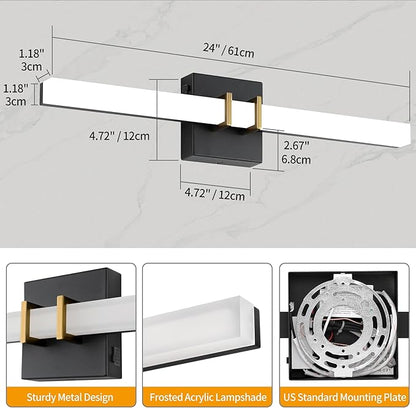 Modern Black and Brass Vanity Light Bar 24 Inch, 16W 5CCT Dimmable Bathroom Light Fixtures LED Wall Lighting Fixture